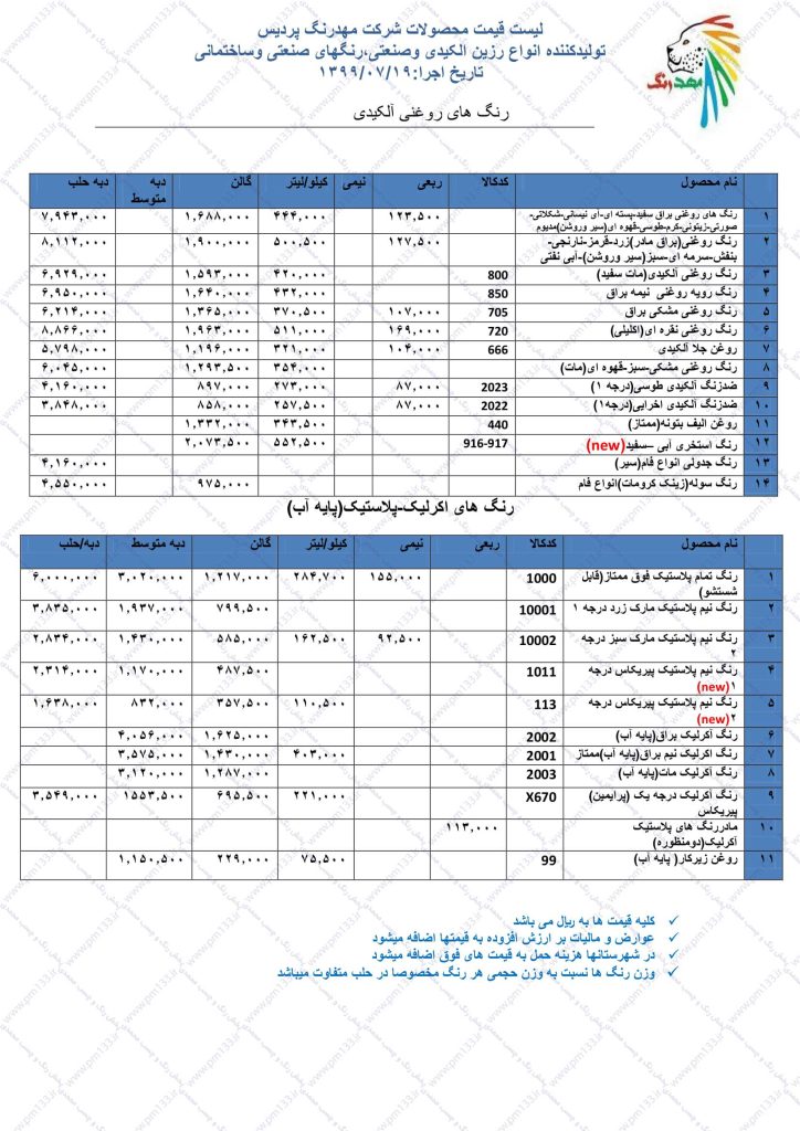 مهدرنگ پردیس لیست قیمت رنگ و رزین مهد رنگ پردیس