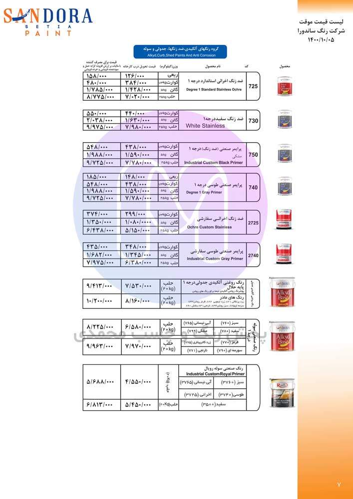 لیست قیمت شرکت رنگسازی ساندورا دی 1400 صفحه هفتم