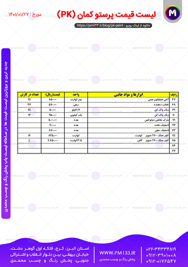 لیست قیمت شرکت رنگسازی پرستو کمان pk مورخ 27-01-1401 صفحه 3