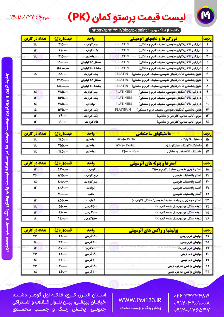 لیست قیمت شرکت رنگسازی پرستو کمان pk مورخ 27-01-1401