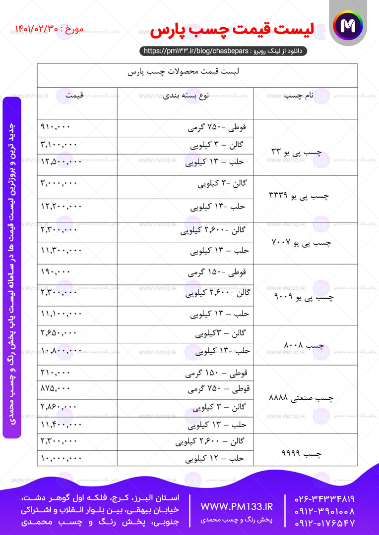 لیست قیمت چسب پارس مورخ 30-02-1401 صفحه اول