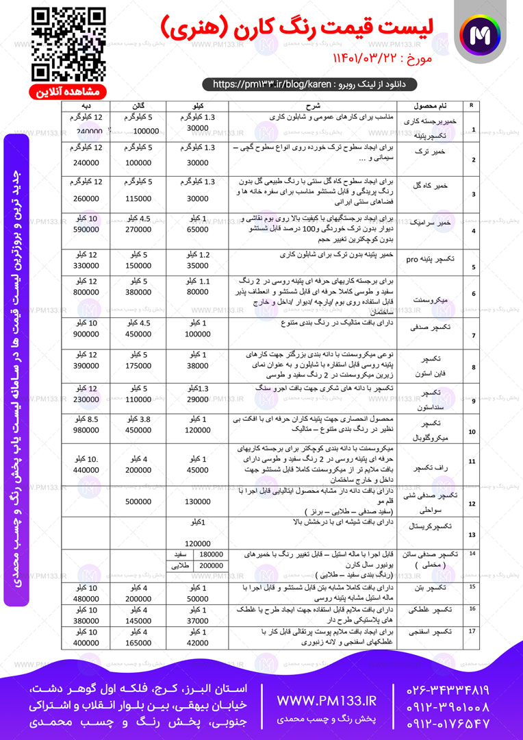 لیست قیمت رنگ کارن مورخ 22-03-1401 صفحه 3