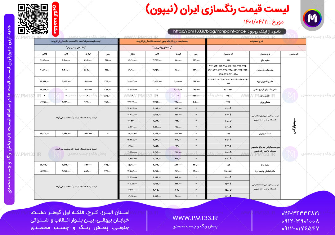 لیست قیمت رنگسازی ایران مورخ 11-04-1401 صفحه 1