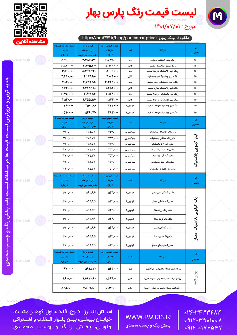 لیست قیمت پارس بهار مورخ 01-07-1401 صفحه اول
