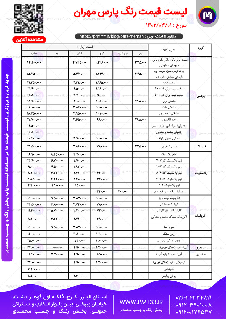 لیست قیمت رنگ پارس مهران 01-03-1402