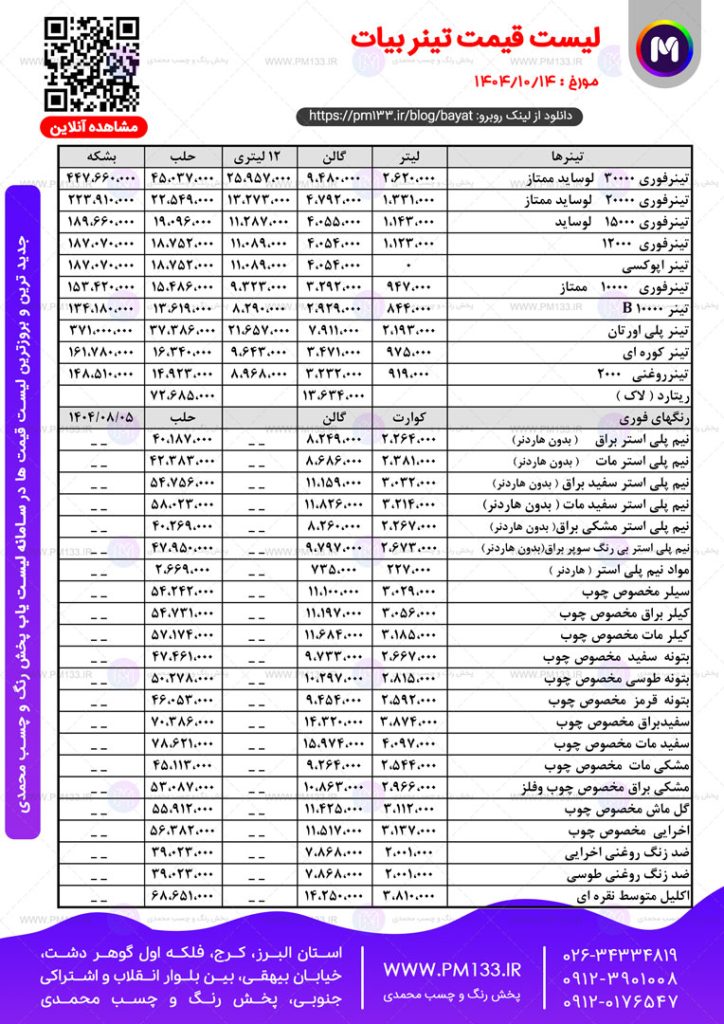 لیست قیمت بیات شهریار 14-10-1404 (تینر بیات)