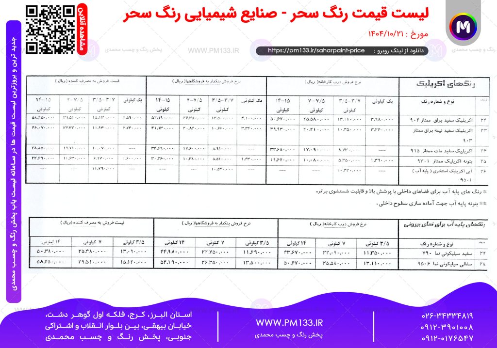 لیست قیمت رنگ سحر مورخ دی 1404 صفحه 3