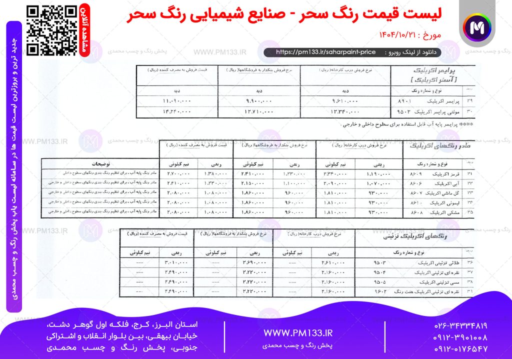 لیست قیمت رنگ سحر مورخ دی 1404 صفحه 4